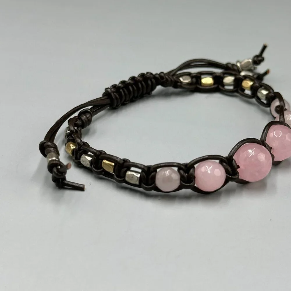 Lucky Brand Pink Rose Quartz Beaded Brown Leather Bracelet Adjustable Cord